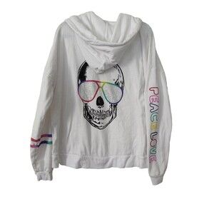 Lauren Moshi Women White Cotton Hoodie Skull Peace Love Graphic Zip Size Large